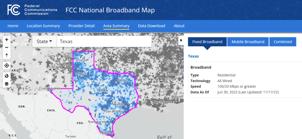The FCC’s updated Broadband Availability map shows that many parts of Texas still lack wired service offering speeds of 100/20 Mbps, the new target speed for federal funding programs. Oftentimes, local experiences differ from providers’ advertised service offerings. The FCC’s updated Broadband Availability map shows that many parts of Texas still lack wired service offering speeds of 100/20 Mbps, the new target speed for federal funding programs. Oftentimes, local experiences differ from providers’ advertised service offerings.