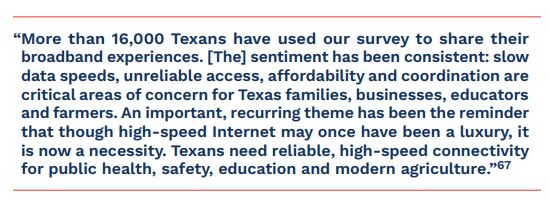 “More than 16,000 Texans have used our survey to share their broadband experiences. [The] sentiment has been consistent: slow data speeds, unreliable access, affordability and coordination are critical areas of concern for Texas families, businesses, educators and farmers. An important, recurring theme has been the reminder that though high-speed Internet may once have been a luxury, it is now a necessity. Texans need reliable, high-speed connectivity for public health, safety, education and modern agriculture.” Glenn Hegar, Texas Comptroller of Public Accounts